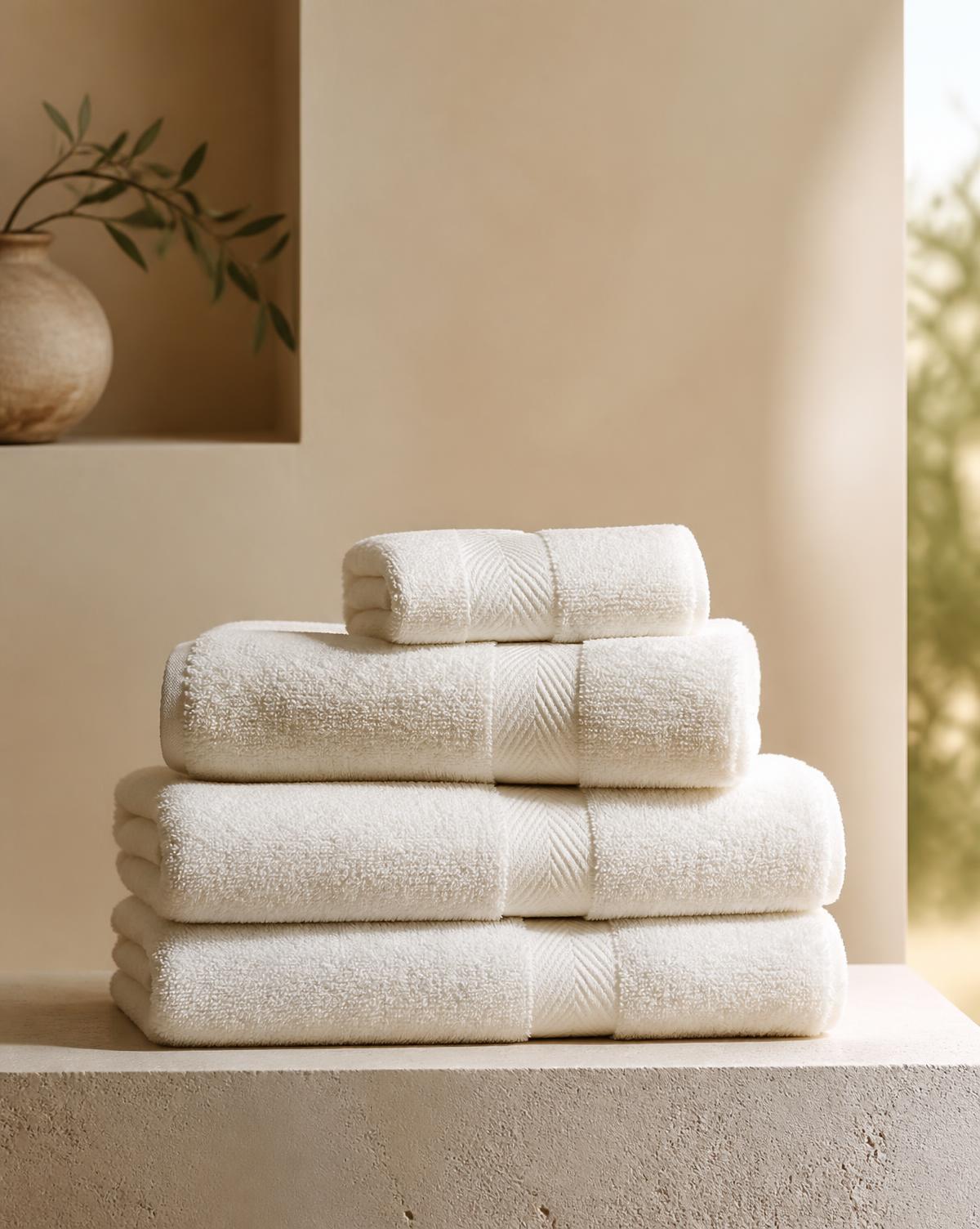 Stack of folded warm white bath towels