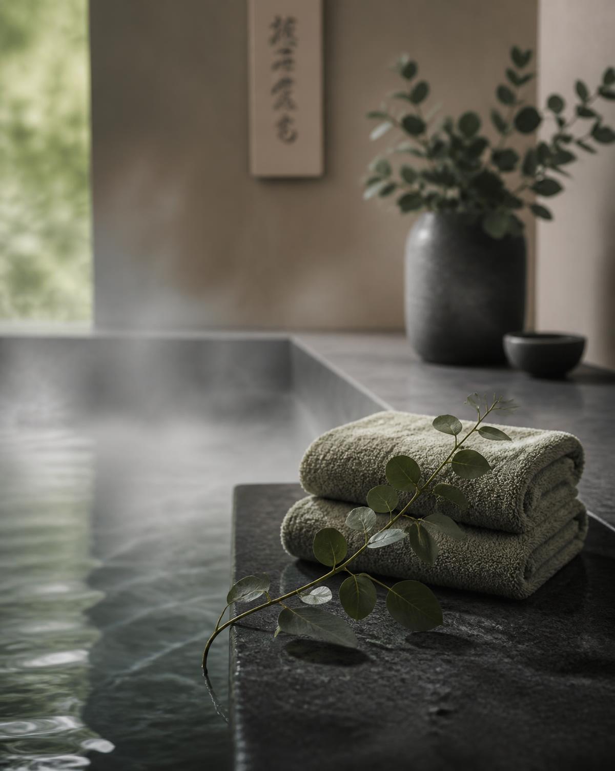 Sage towels beside a steaming stone bath
