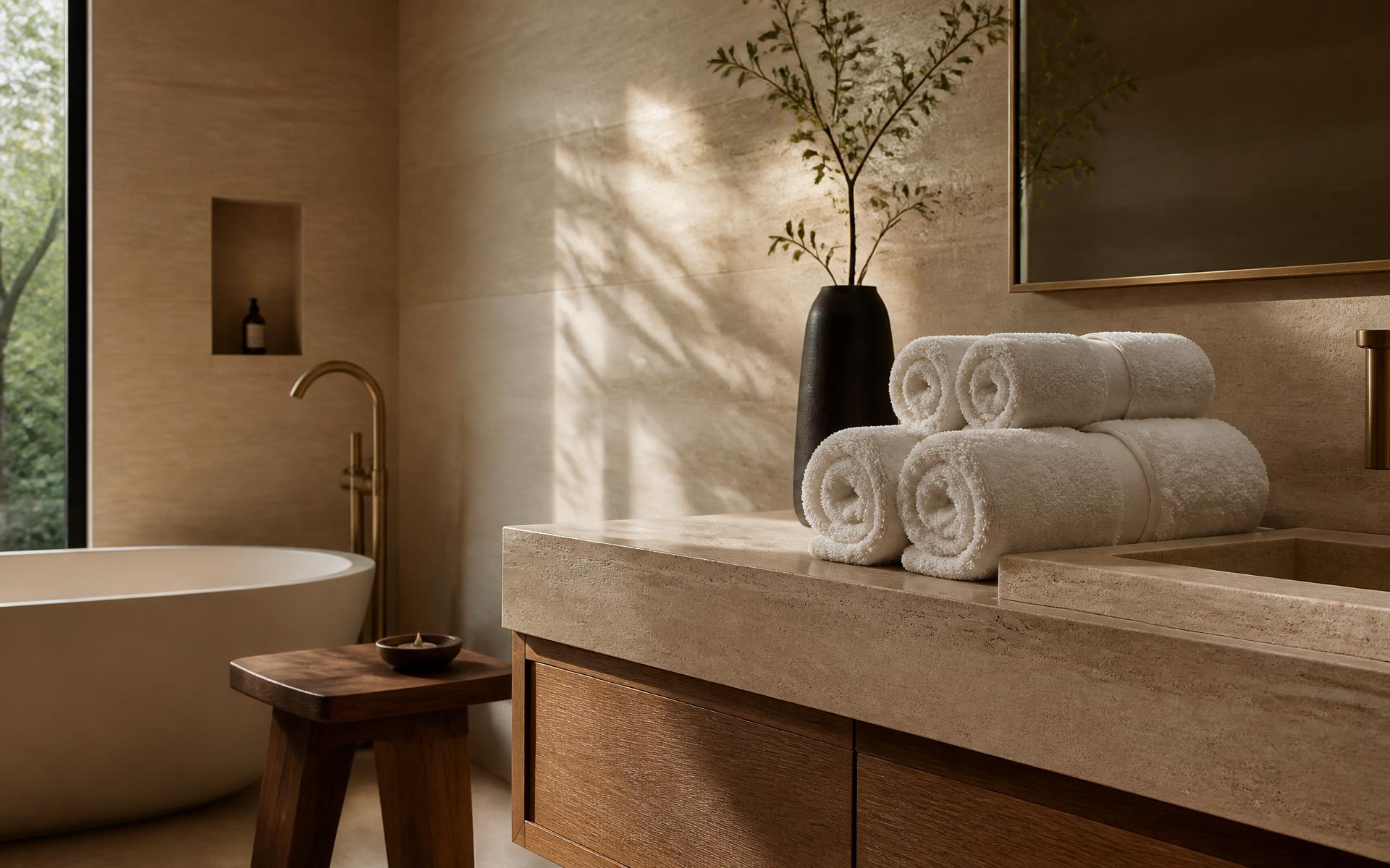 Rolled Lumora towels on a travertine vanity in a sunlit luxury bathroom