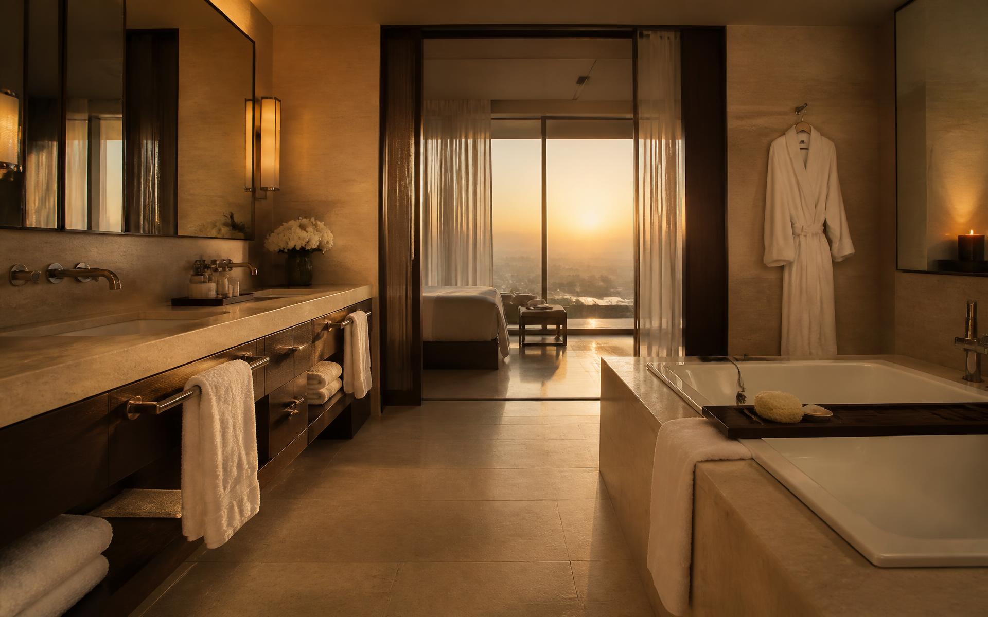 Five-star hotel suite bathroom at dawn with folded towels